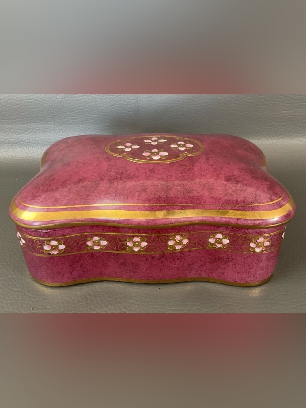 Vintage Porcelain Toyo Trinket Box with Lid and Pink Cloisonne Flowers on Top